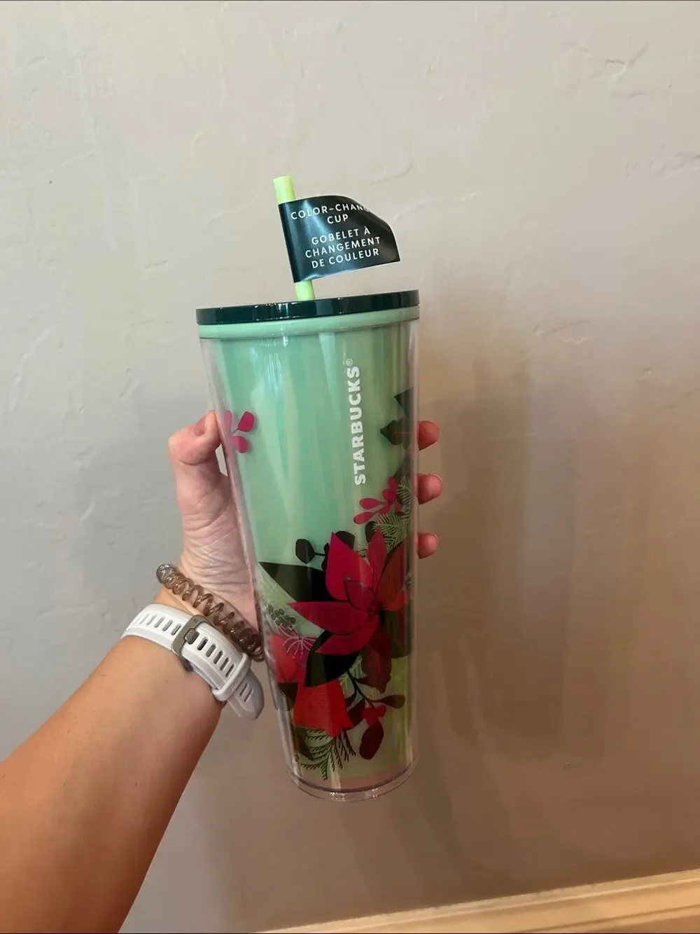 Starbucks Holiday Mint Green Tumbler with Red Floral Design